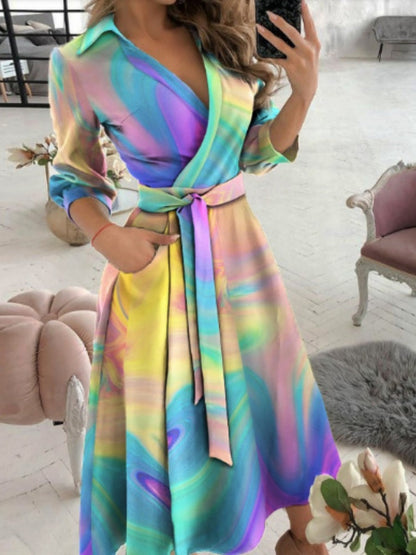 Lace Up Shirts Irregular Printed Maxi Dresses