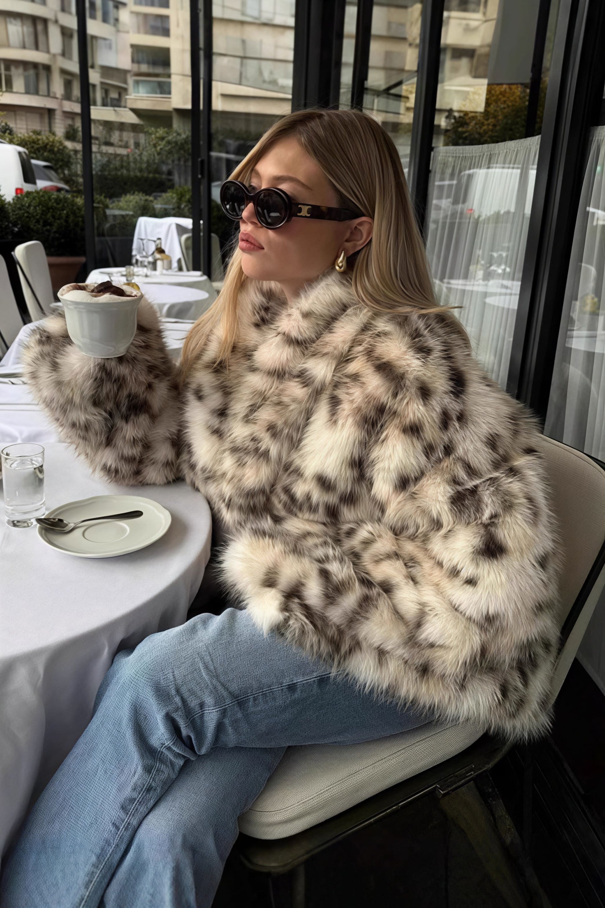 Leopard Print Faux Fur Collar Coat
