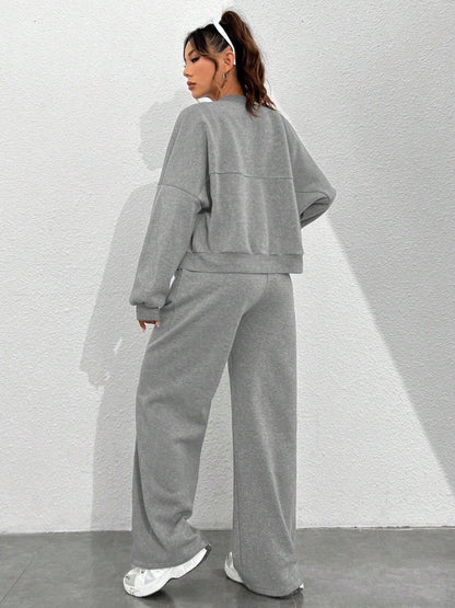 Sports And Leisure Solid Color Crew Neck Zipper 2-piece Sets