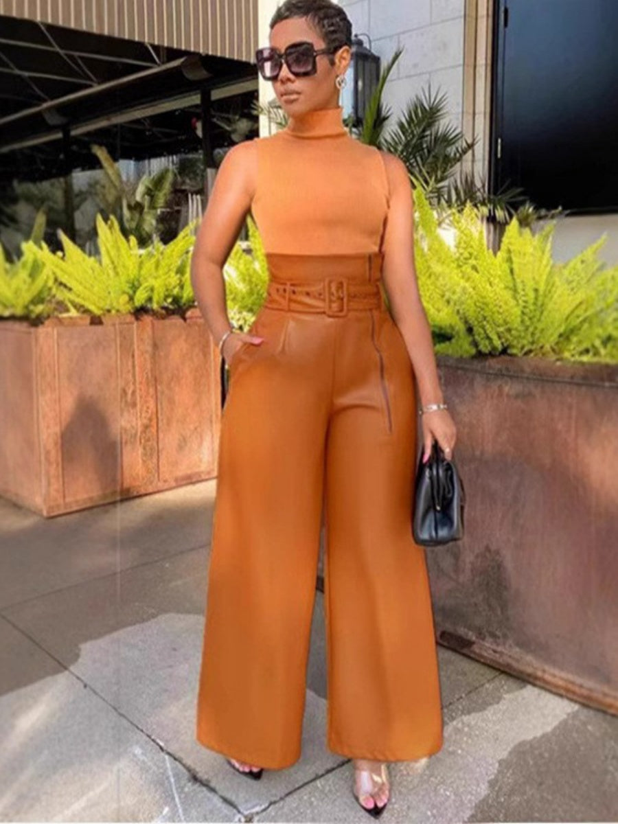 High Waist PU Leather Metal Belt Wide-leg Trousers