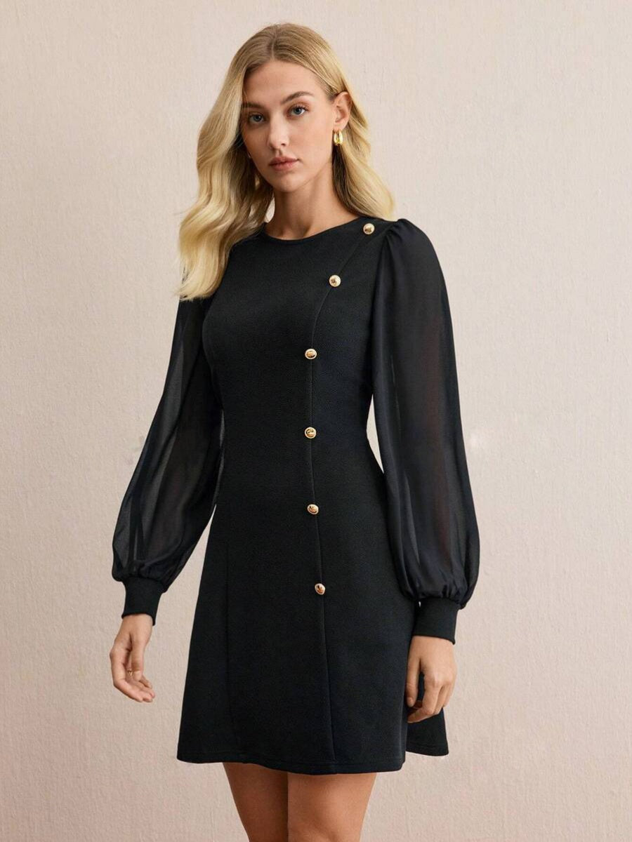 Pullover Crew Neck Splicing Fasteners Slim Fit Slimming Long Sleeve Workplace Casual Short Dress
