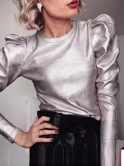Hot Stamping Bright Colors Leg Of Mutton Sleeves Long Sleeve T-shirts