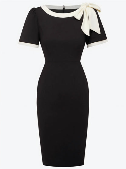 Crew Neck Bow Contrasting Colors Slim Fit Banquet Formal Dress For The Workplace Midi Dresses