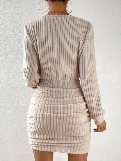 Long-sleeved Brushed Ribbed V-neck Waist Hip-hugging Leisure Short Dress For Work
