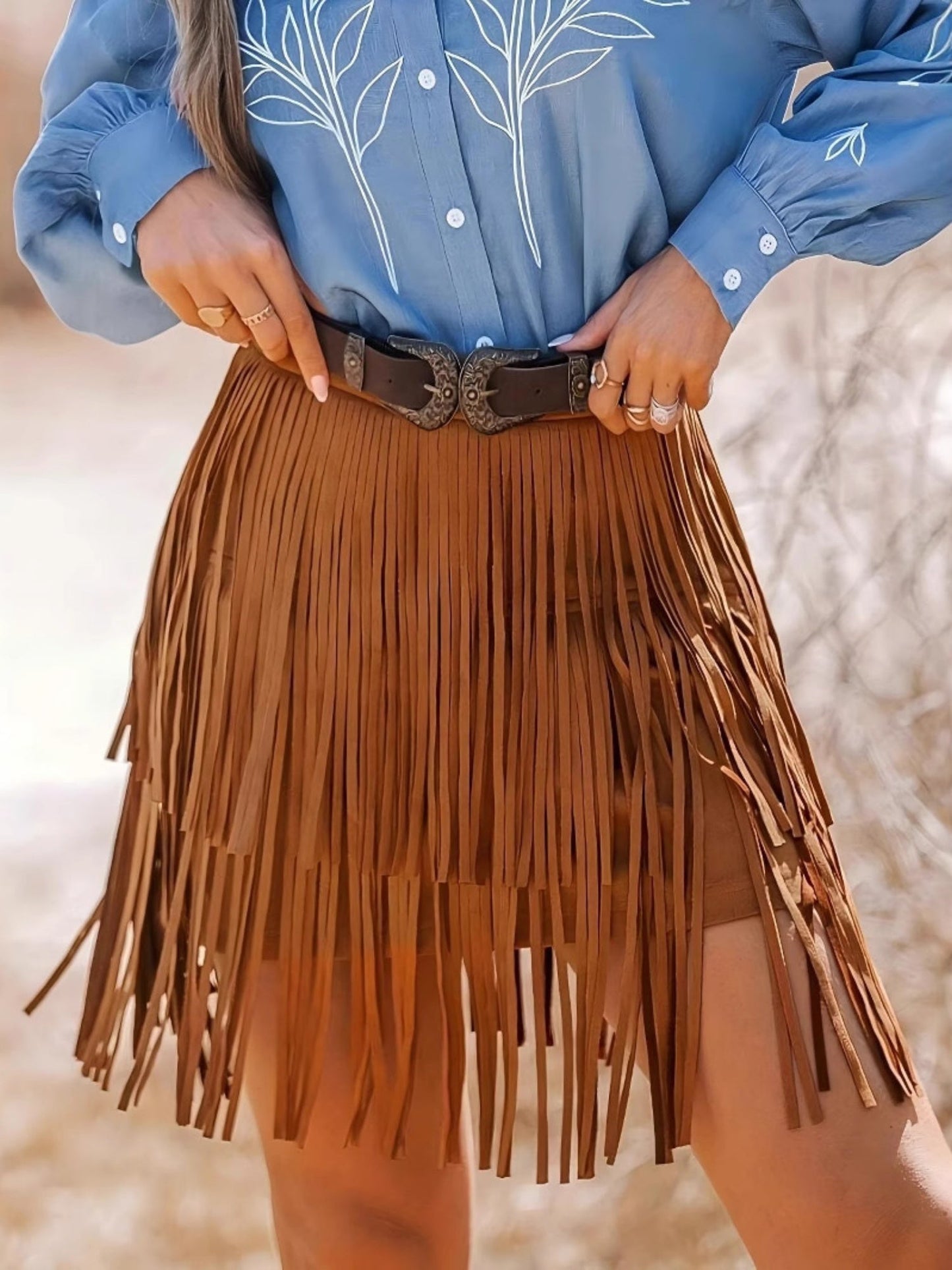 Imitation Suede Tassel Hem Cropped Skirts