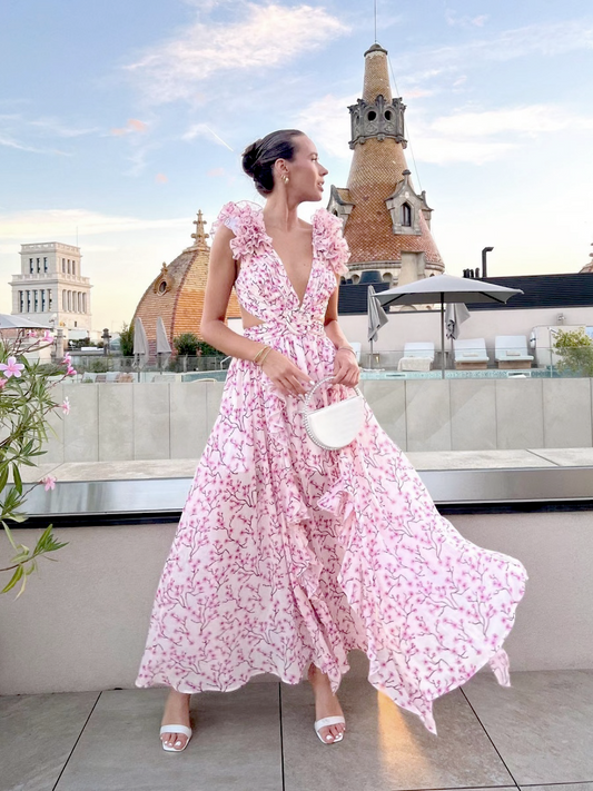 Floral Deep-V Maxi Dress – Shoulder Flower Accent
