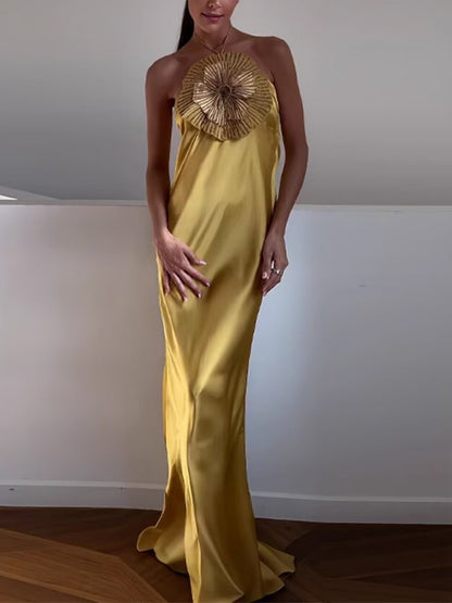 Rhinestone 3D Flower Halter Neck And Backless Satin Maxi Dresses