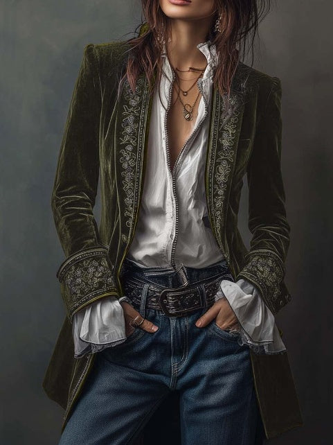 Long Sleeve Solid Color Patchwork Lace Velvet Blazers