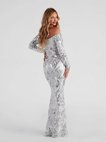 Liber Autumn women's sequined one-shoulder long dress