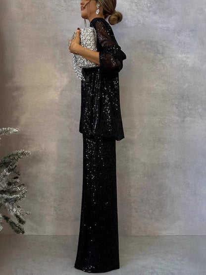 Sequins Small Suit High Waist Casual Straight Leg Pants 2-piece Sets