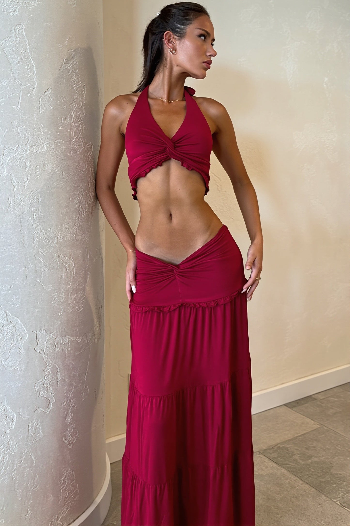 Chic Pleated Halter Neck Crop Top Skirt Sets
