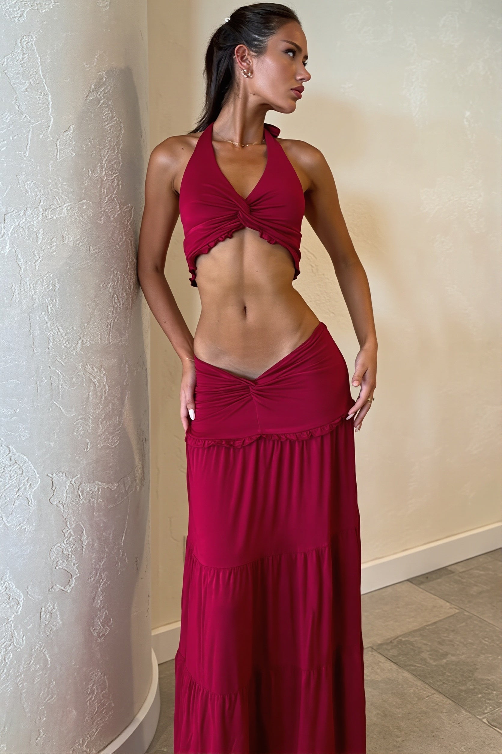 Chic Pleated Halter Neck Crop Top Skirt Sets