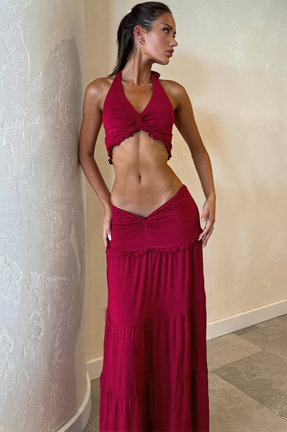 Chic Pleated Halter Neck Crop Top Skirt Sets