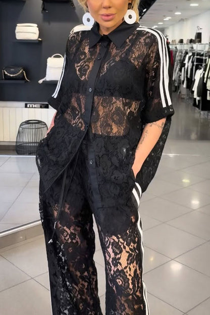 Mix Fashion Lace Striped Trim Short Sleeve Button Shirt and Elastic Waist Pocket Loose Pants Set
