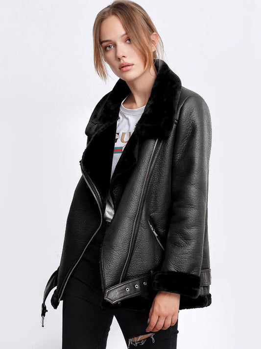 Women's Leather Jacket Faux Shearling PU Moto Jacket Winter Outerwear