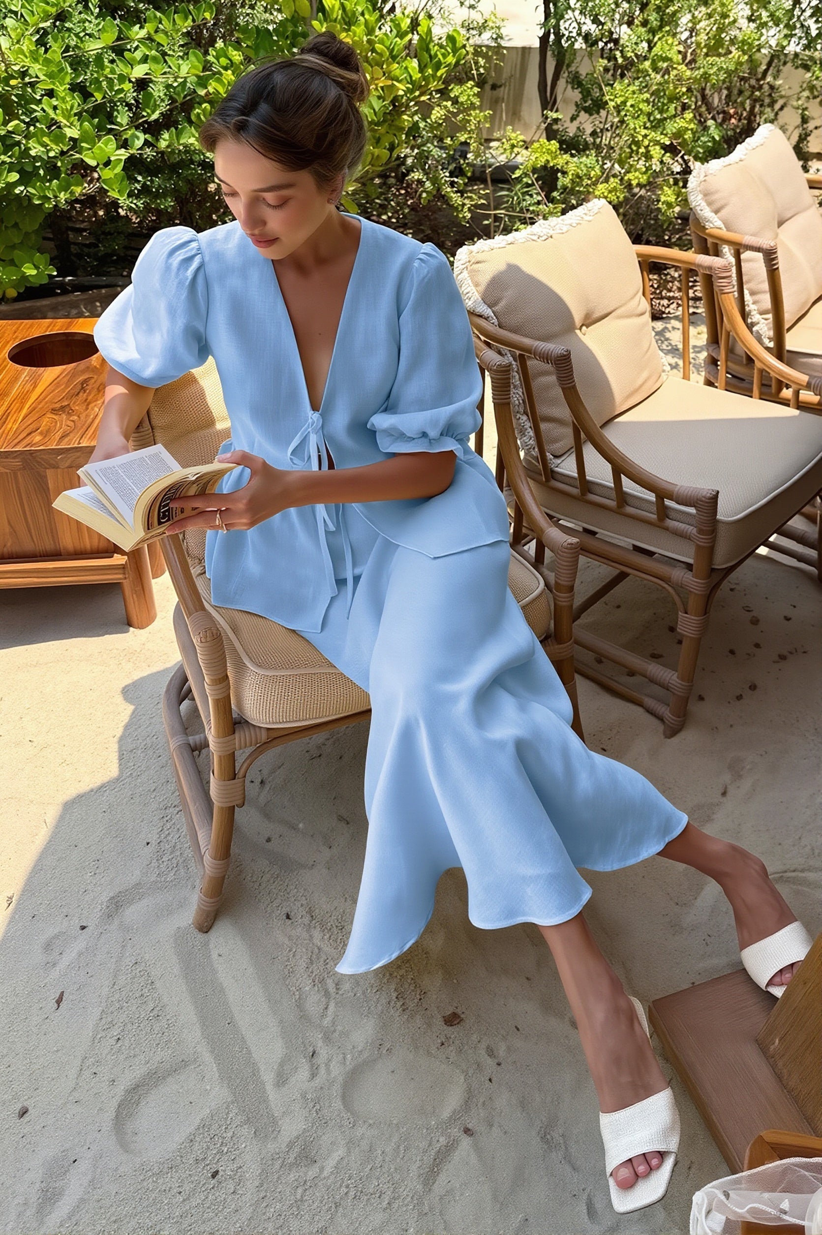 Chic V Neck Short Sleeve Ruffle Hem Skirt Sets