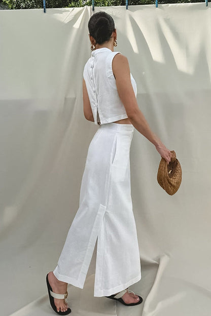 Simple Linen Cotton Sleeveless Slit Skirt Set