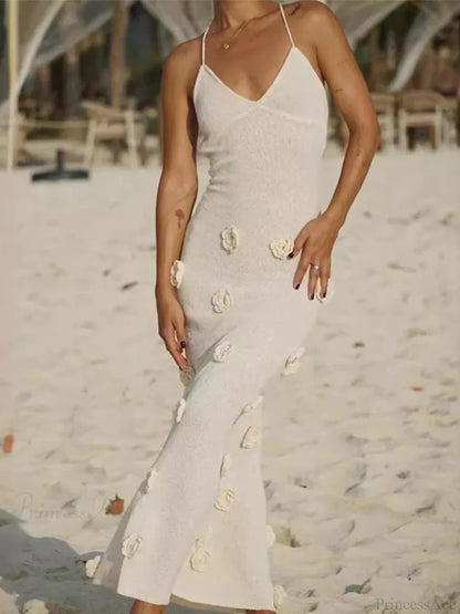 3D Flower V-neck Backless Lace-Up Maxi Floral Dress