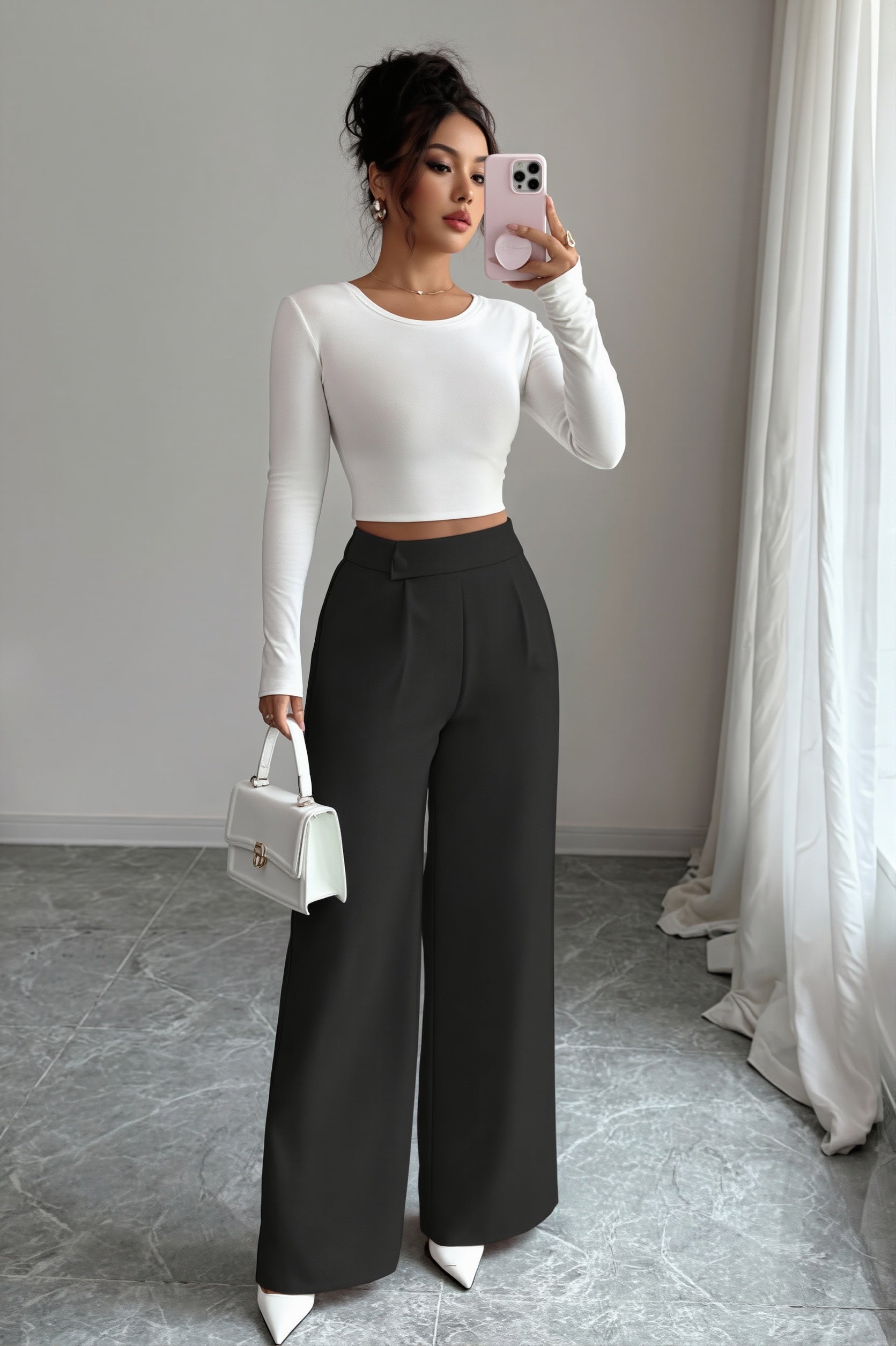 Button Waist Patchwork Wide Leg Pants