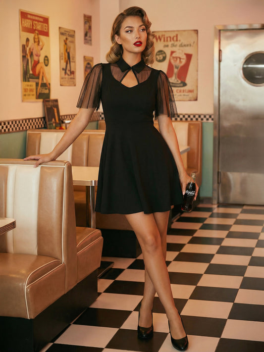 Mesh Patchwork Hollow Out Neckline A Line Skater Dress For Women 2026