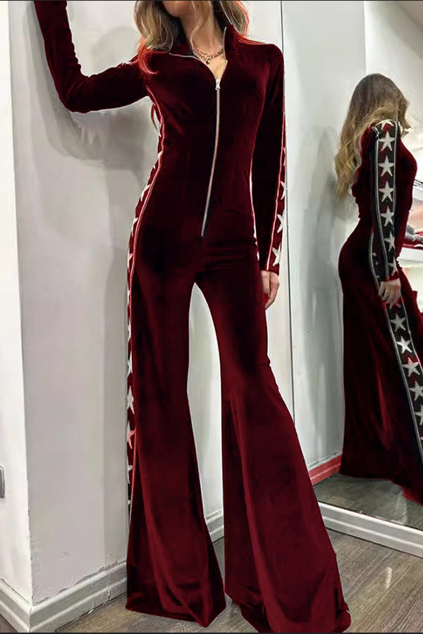 Star-print Velvet Patchwork Zipped Wide-leg Jumpsuit(ONE SIZE DOWN)