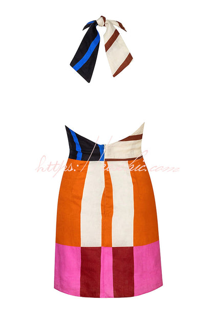 Jeniah Linen Blend Color Block Print Cross Halter Tie-up Loose Mini Dress