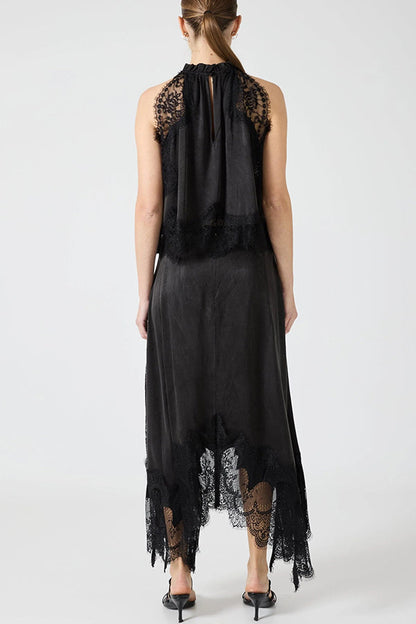Modern Muse Satin Lace Trim Pleated Neck Top and A-line Irregular Slit Skirt Set