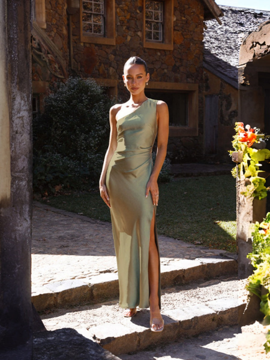 Satin Off-shoulder Pleated Waist Long Dress