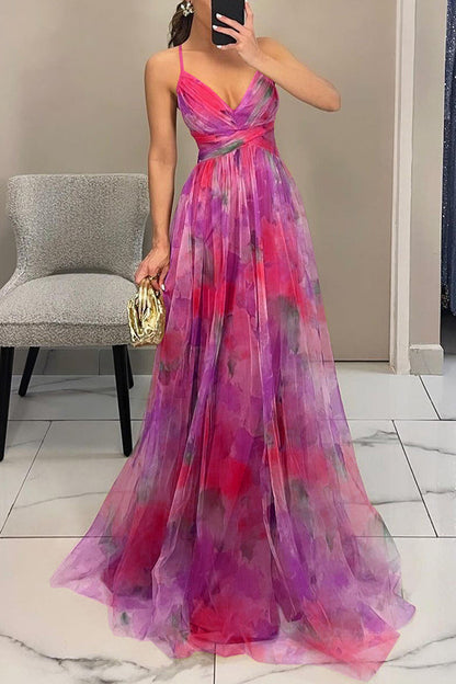 Ladies' summer princess chiffon printed hollow sexy waist and back lace up long dress