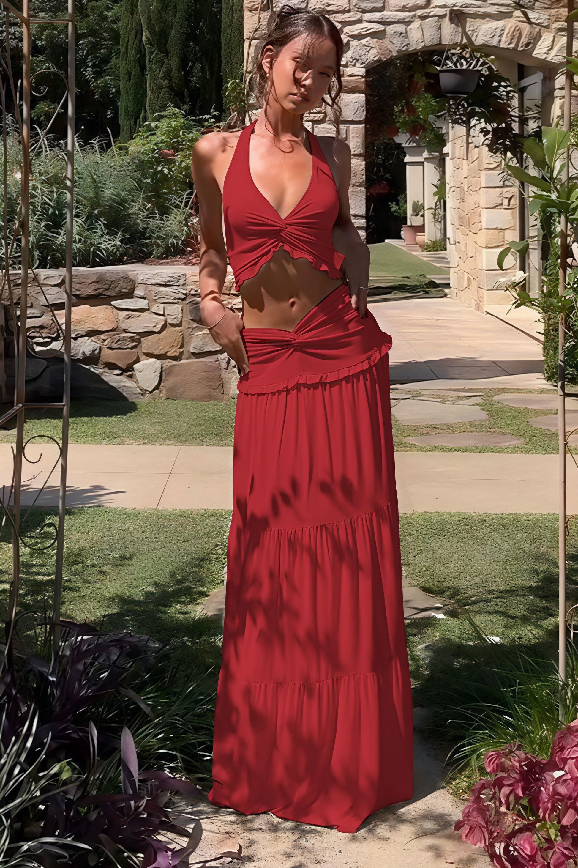 Sexy Pleated Halter Top Ruffle Maxi Skirt Set