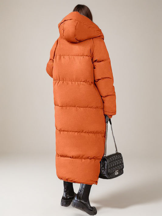 Long Puffer Coats Orange Hooded Winter Full Length Coat For Women