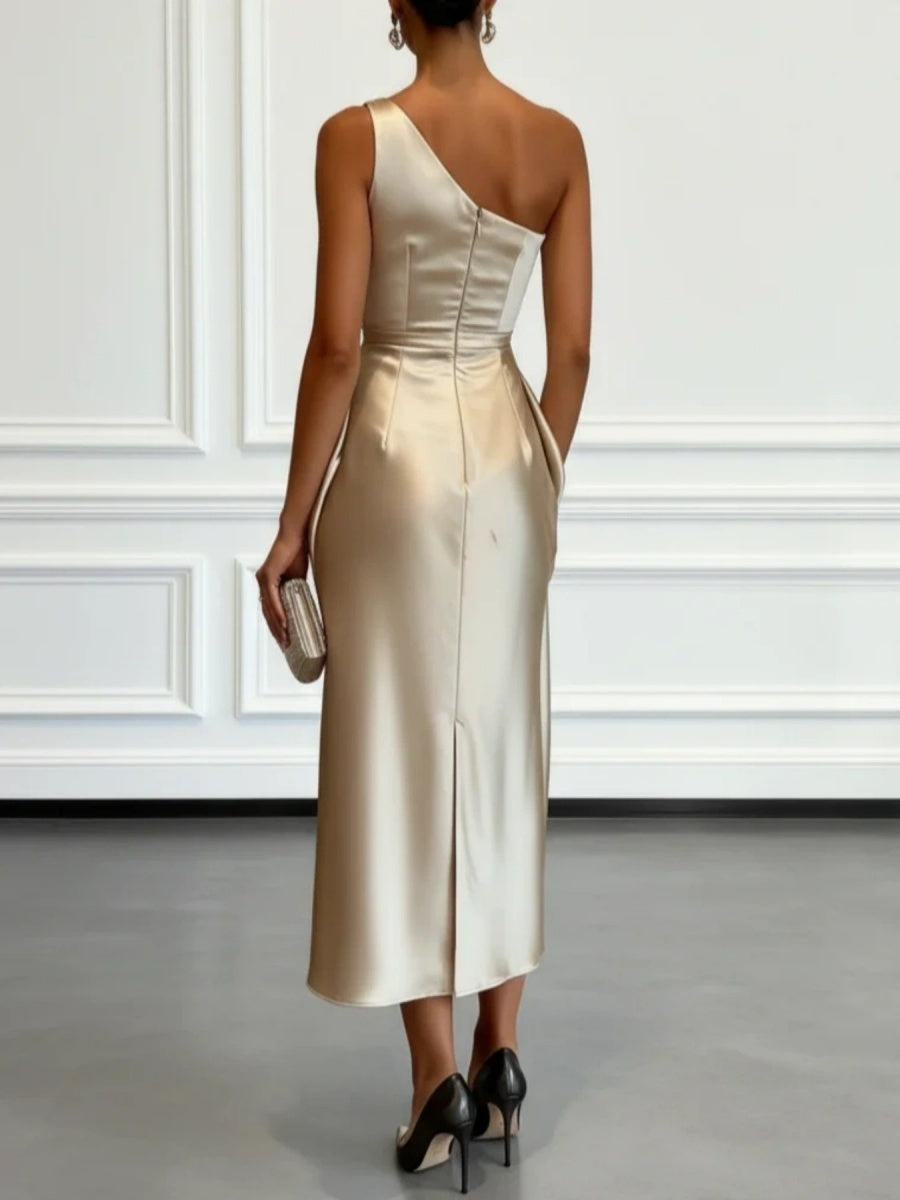 Satin Pleated One Shoulder Grace Formal Dress Maxi Dresses