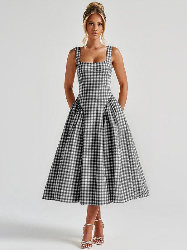 Plaid Print, Fitted Waist, Sexy Backless Halter Maxi Dress