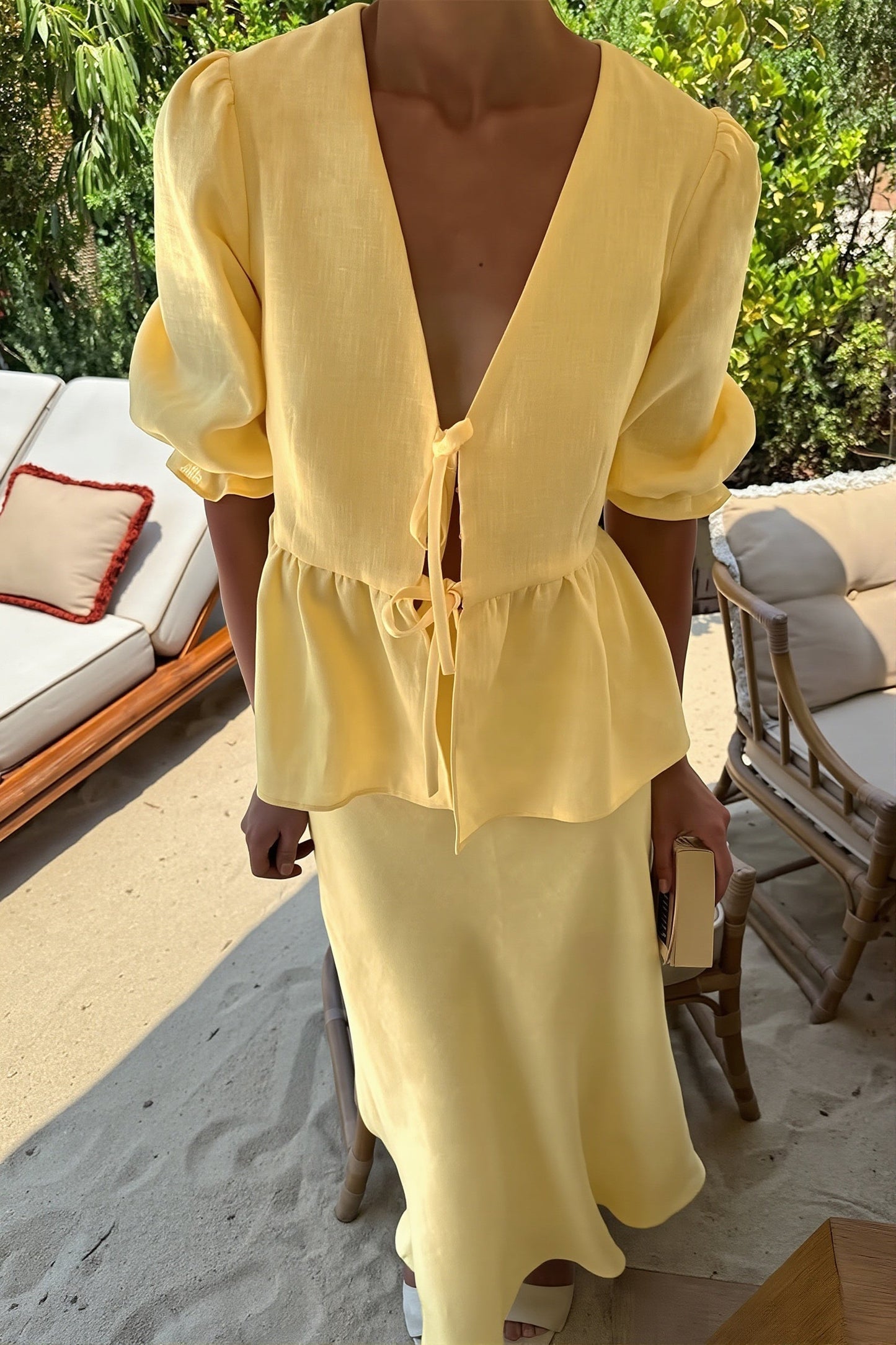 Chic V Neck Short Sleeve Ruffle Hem Skirt Sets