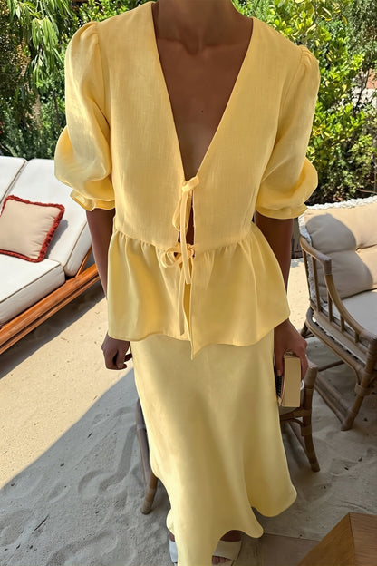 Chic V Neck Short Sleeve Ruffle Hem Skirt Sets