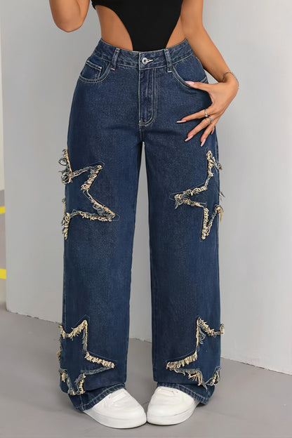 Patch Star Fringe Raw Hem Loose Straight Jeans