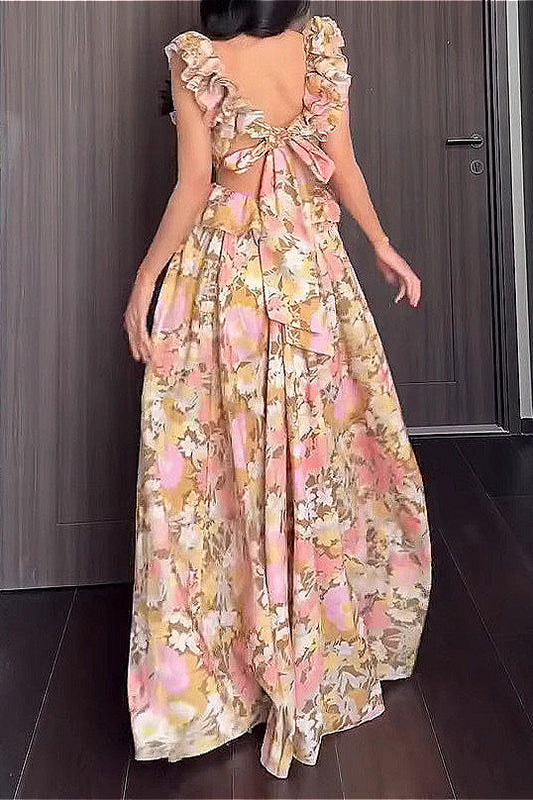 Ruffled V Neck Sleeveless Slim Fit Floral Dress