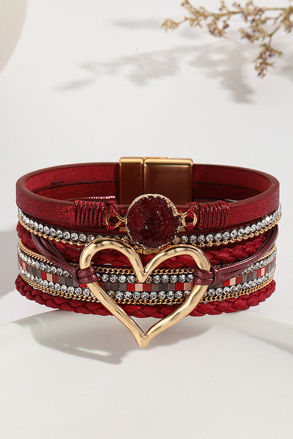 Bohemian Leather Cord Multi-layered Raw Stone Heart Bracelet