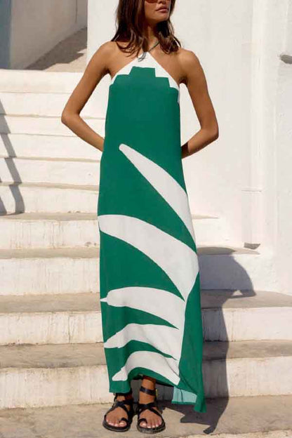 Stylish Color-blocked Print Halter Neck Backless Casual Vacation Maxi Dress