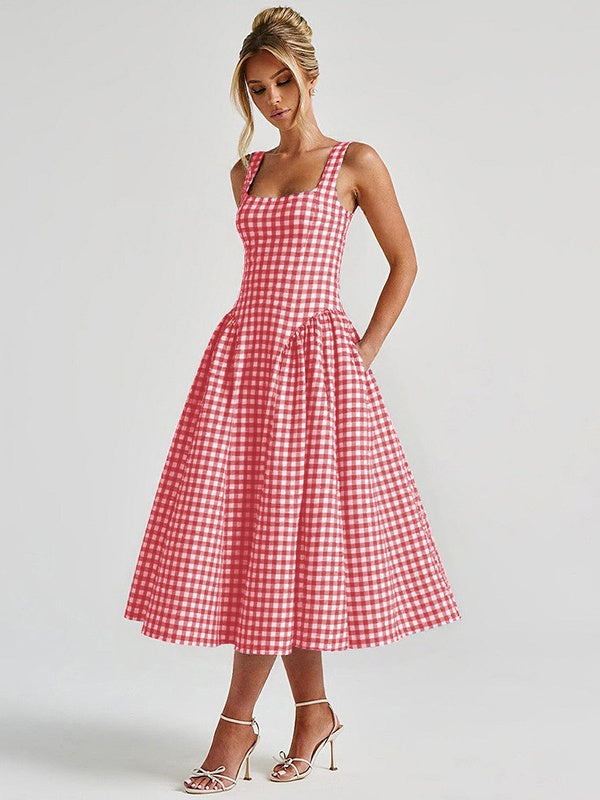 Plaid Print, Fitted Waist, Sexy Backless Halter Maxi Dress