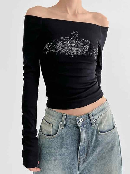 Off Shoulder Floral Print Long Sleeve Tee