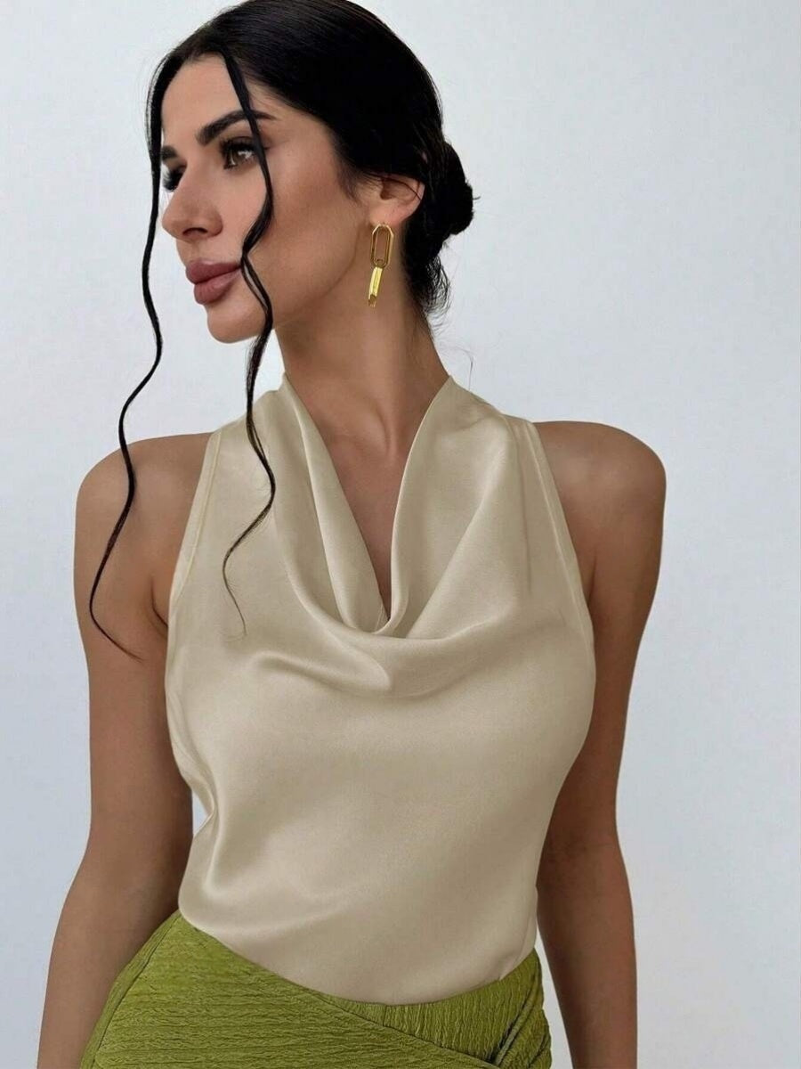 Pleats Solid Color Sexy Sleeveless Satin Satin Vest