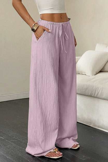 Textured Knot Waist Wide Leg Pants