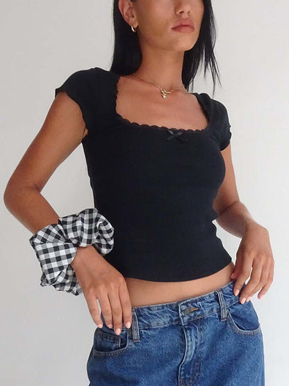 Lace Trim Square Neck Short Sleeve Knit