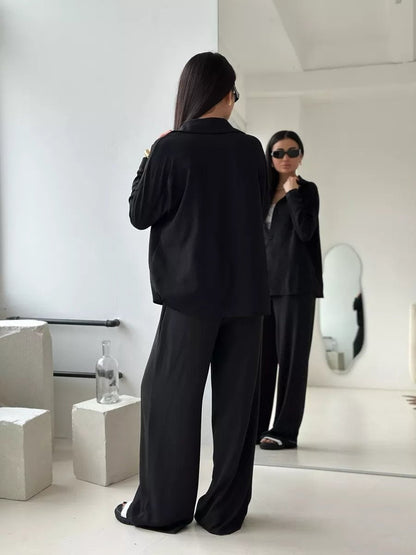 Solid Color Cardigan With Pockets, Casual Wide-leg Trousers 2-piece Sets