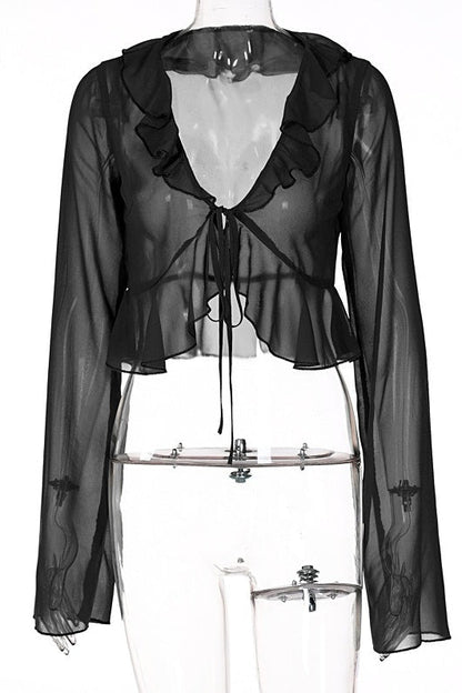 Sheer Flowy Ruffle V Cropped Blouse