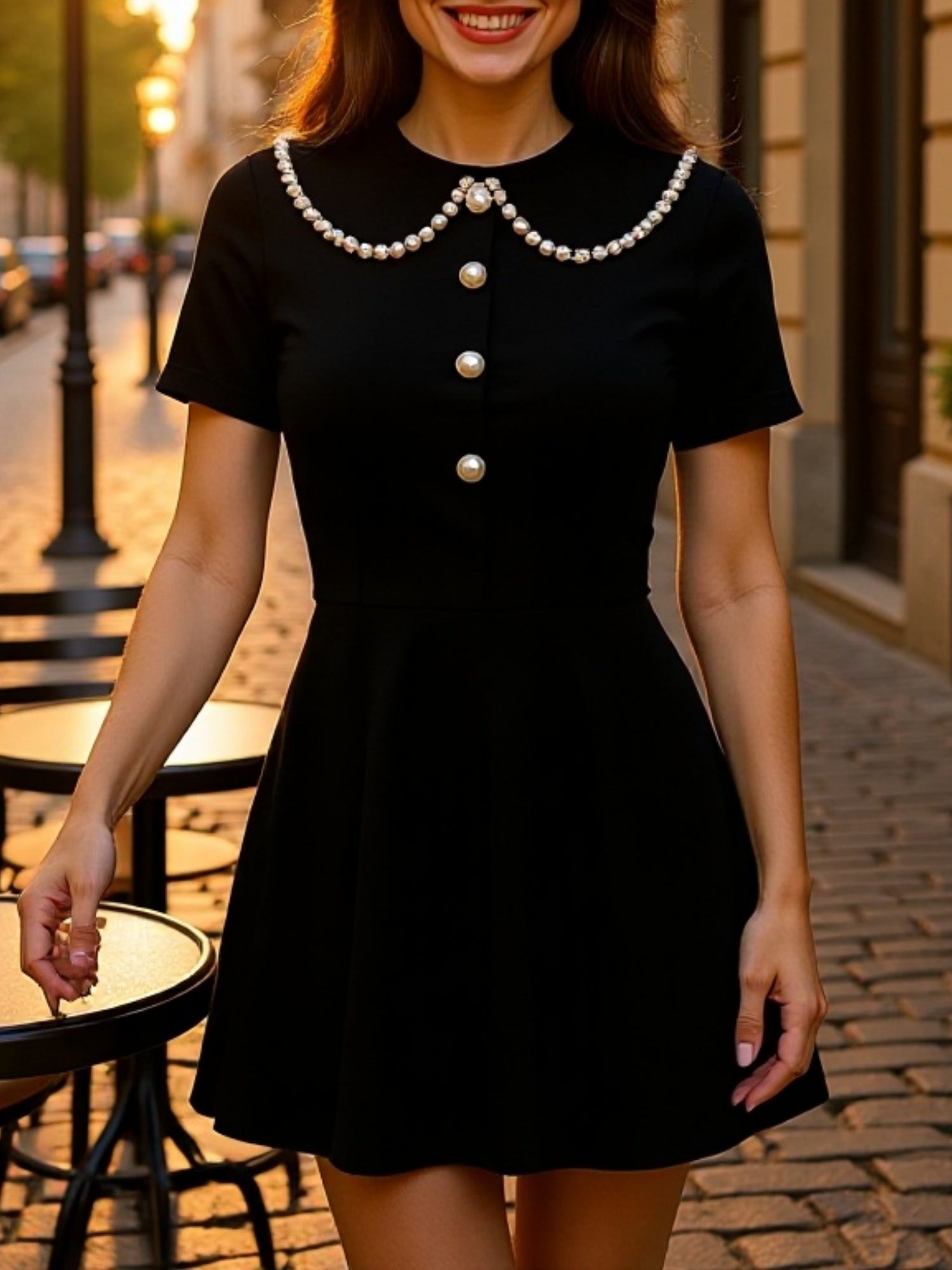 Color-blocked Detachable Peter Pan Collar Buttons Short Sleeves Mini&Short Dresses