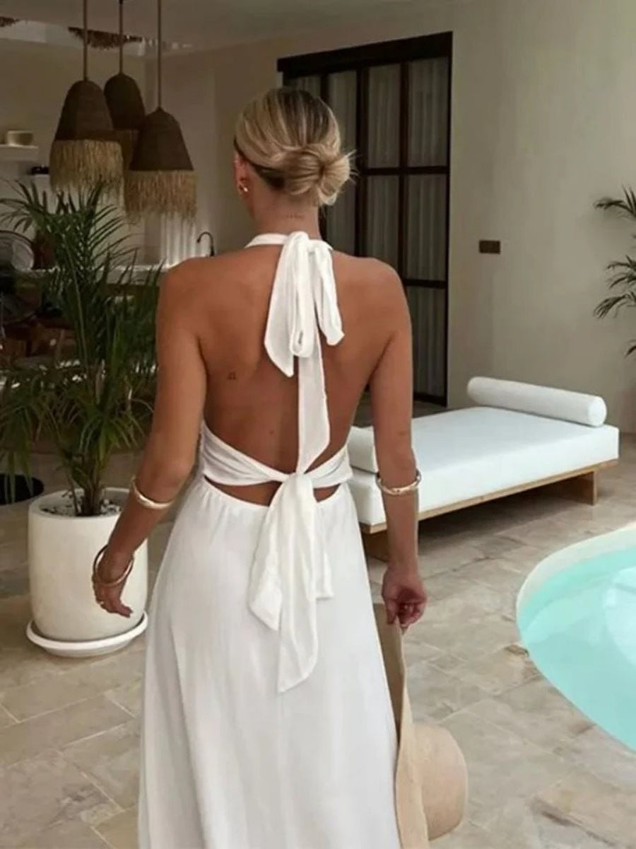 Halter Neck V-neck Slit Sleeveless Sexy Party Long Dress