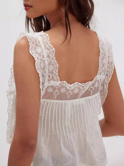 Lace Trim Square Neck Tie Tank Tops&Camis
