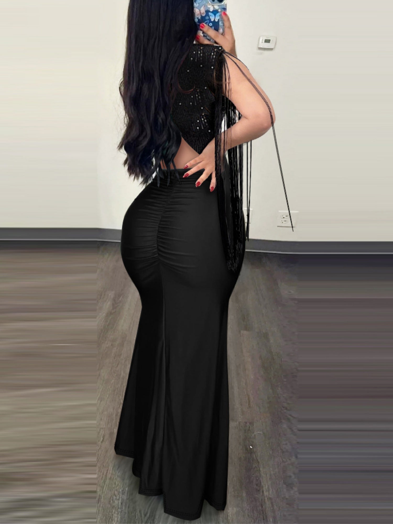 Sequins Bodycon Round Neck Slit Evening Dress Tassel Sleeves Pleated Maxi Dresses